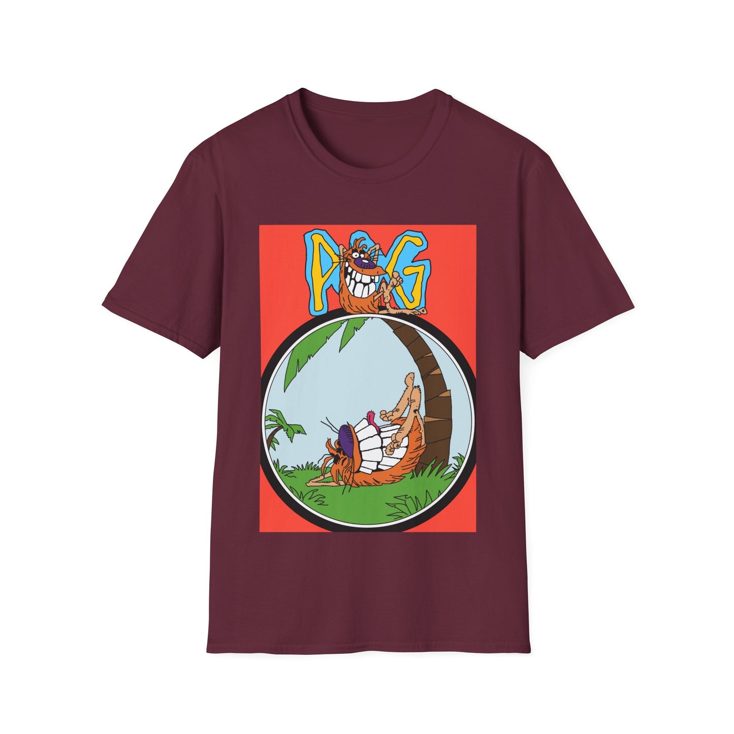 90s T-Shirt — "Pog" Graphic: Relaxing Pog in Hammock Tropical Tee