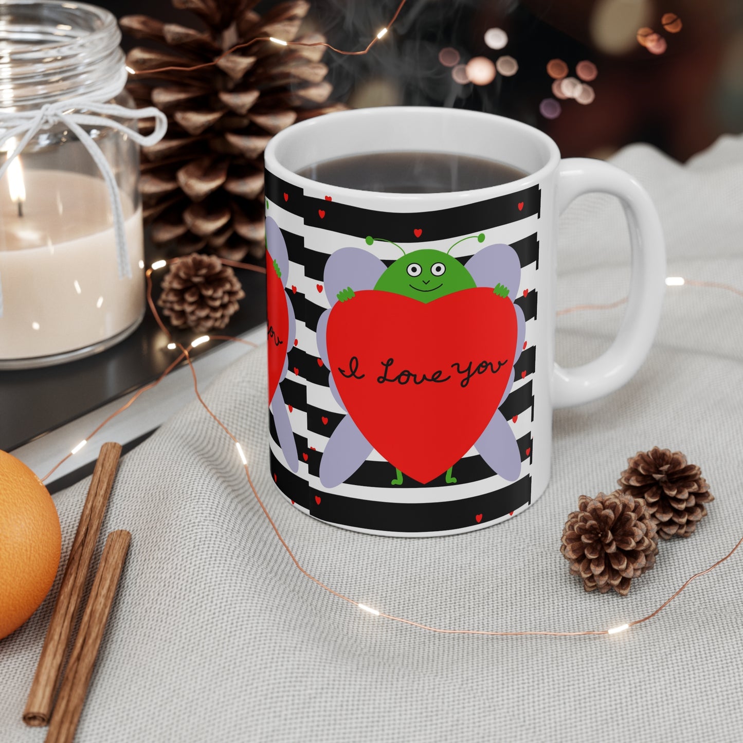 I Love You Heart Bug Coffee Mug — Cute Valentine Ceramic Mug