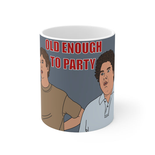 Superbad Mug — "Old Enough to Party" Funny Retro Party Coffee Mug