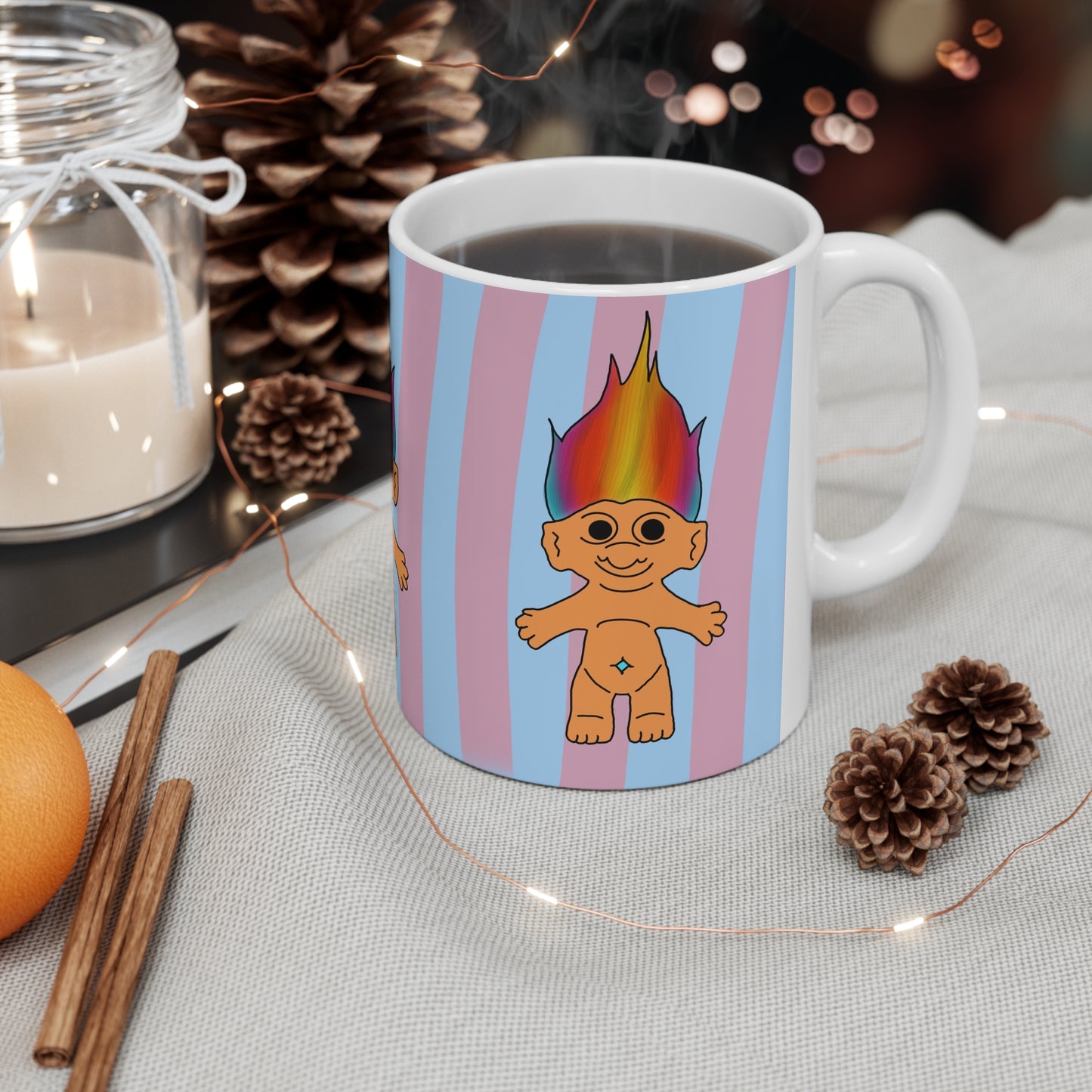 90s Rainbow Hair Troll Mug — Cute Retro Troll Doll Coffee Cup