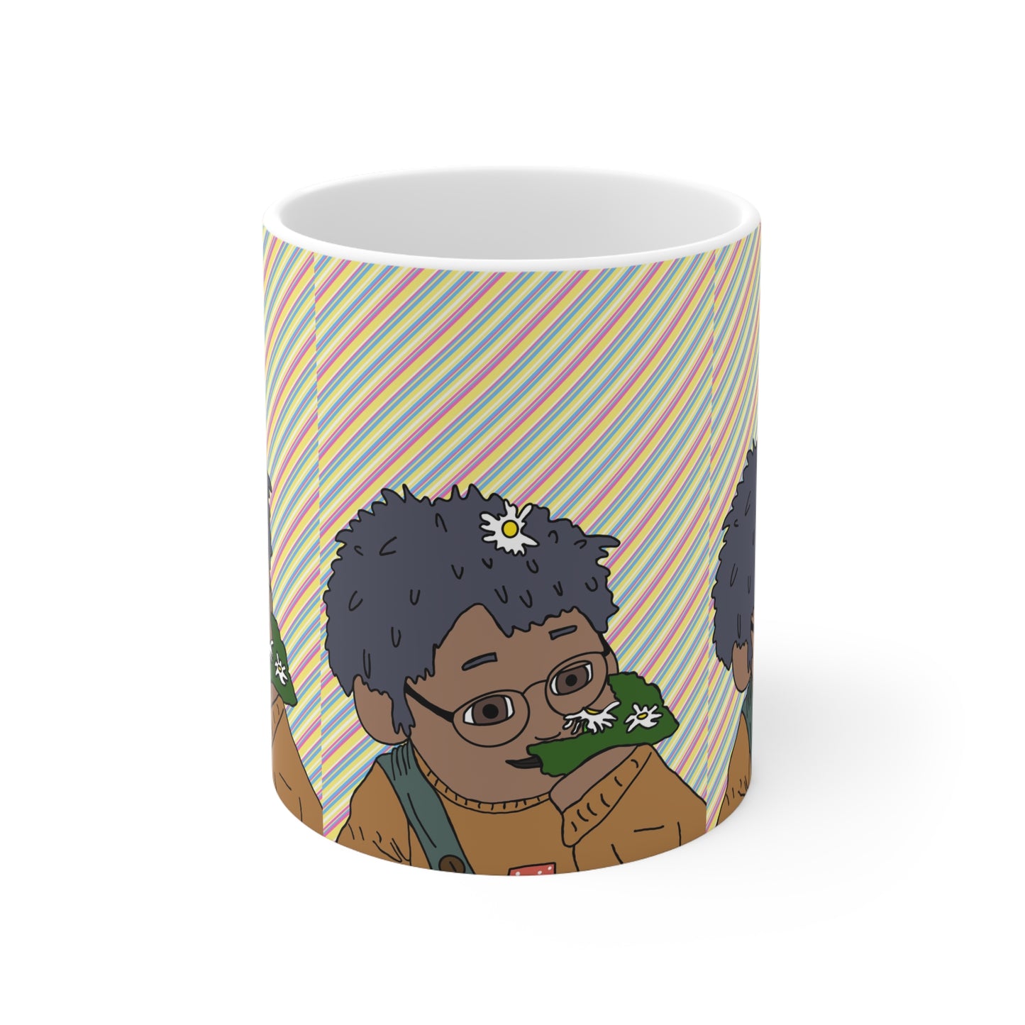 Tom Sniffing Flowers Floral Cozy Sip Mug — Cute Character Coffee Cup, 11oz & 15oz