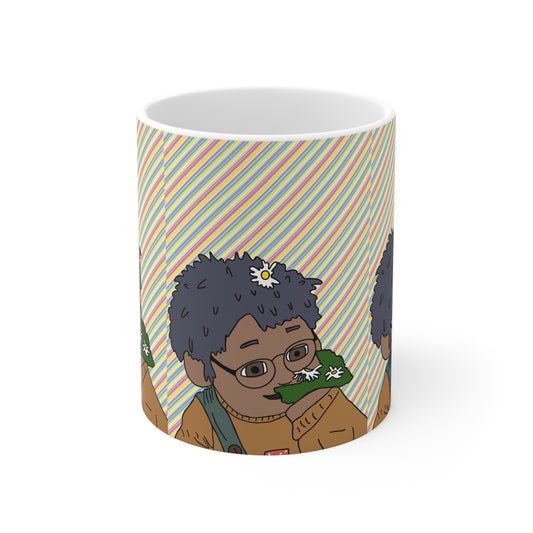 Tom Sniffing Flowers Floral Cozy Sip Mug — Cute Character Coffee Cup, 11oz & 15oz