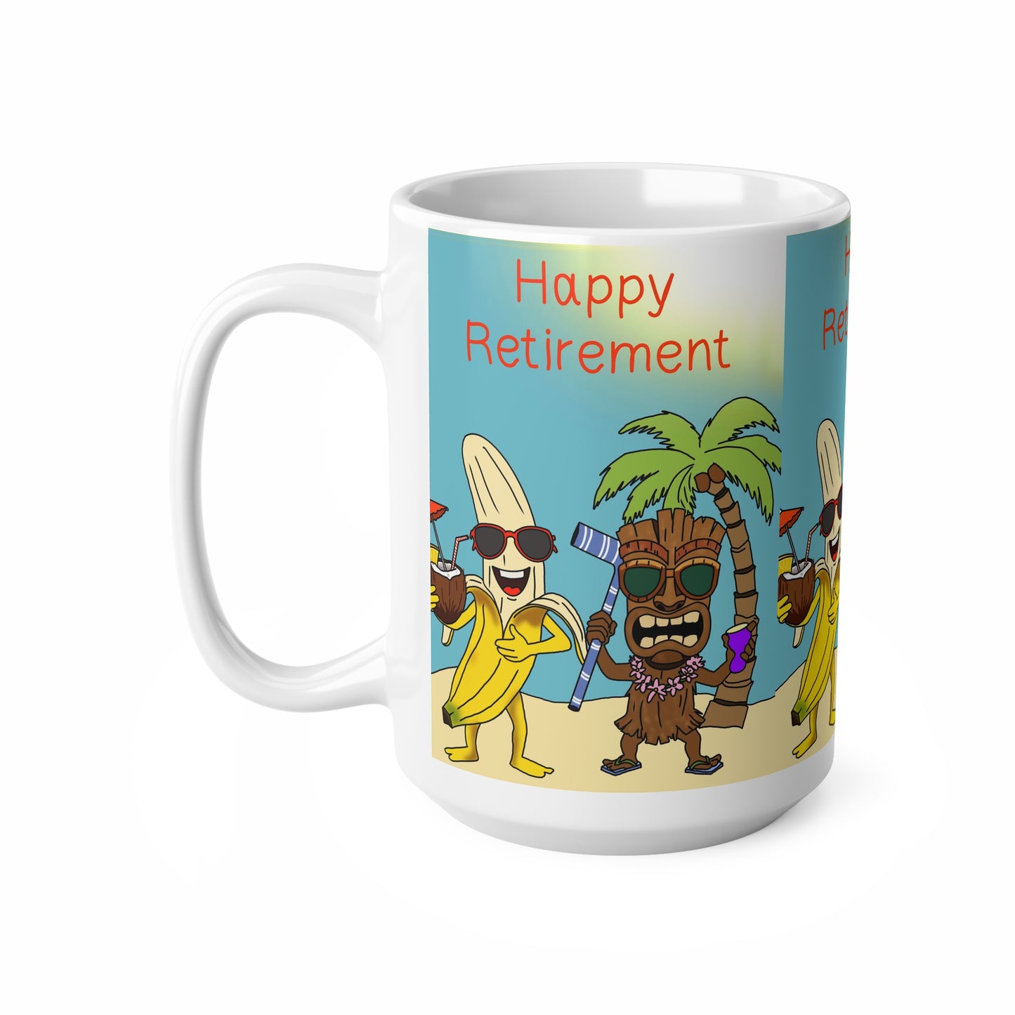 Retirement Beach Party Mug — "Happy Retirement" Tropical Tiki & Banana Coffee Cup (11oz, 15oz)