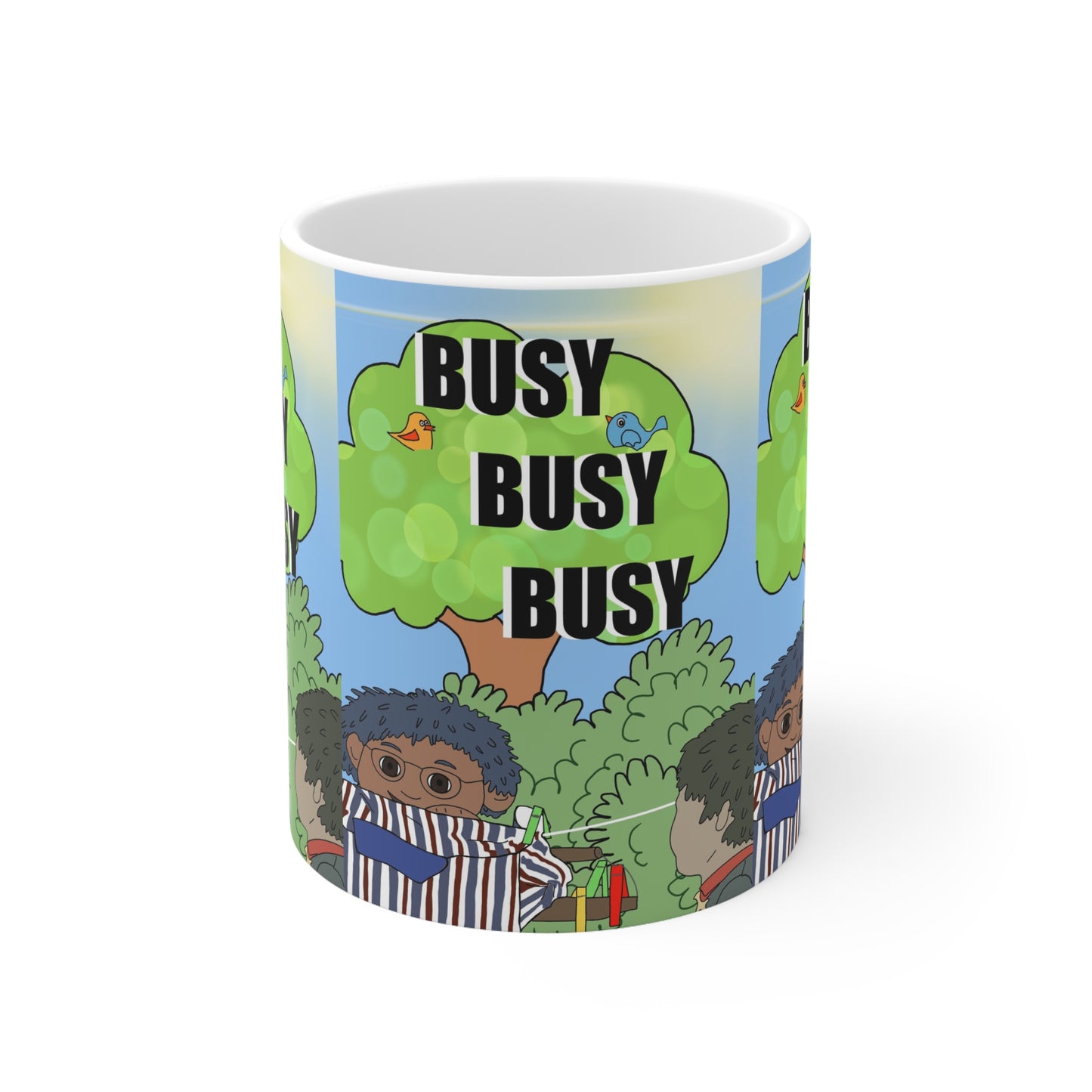 Busy Busy Busy Coffee Mug — Funny Cartoon Morning Coffee Cup (11oz, 15oz)
