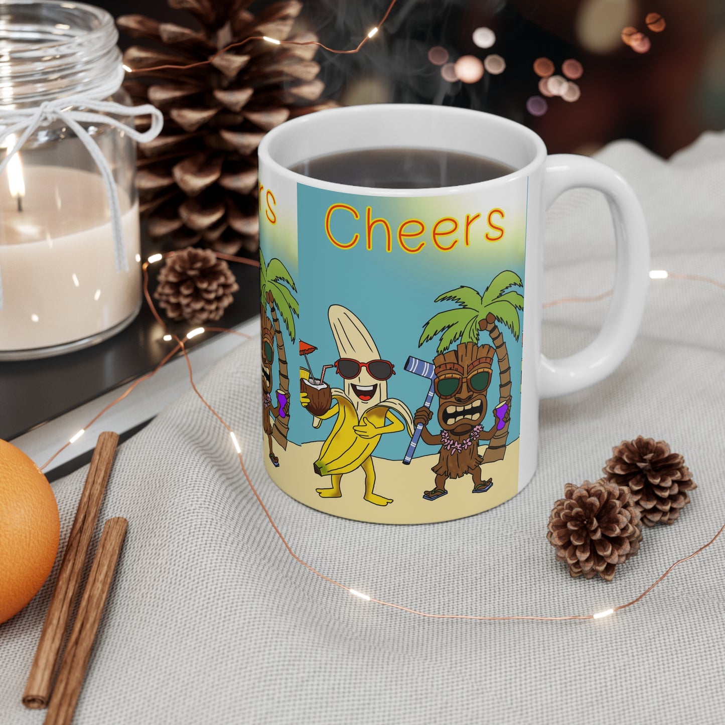 Cheers Beach Party Mug — Tropical Tiki Banana Coffee Cup (11oz & 15oz)