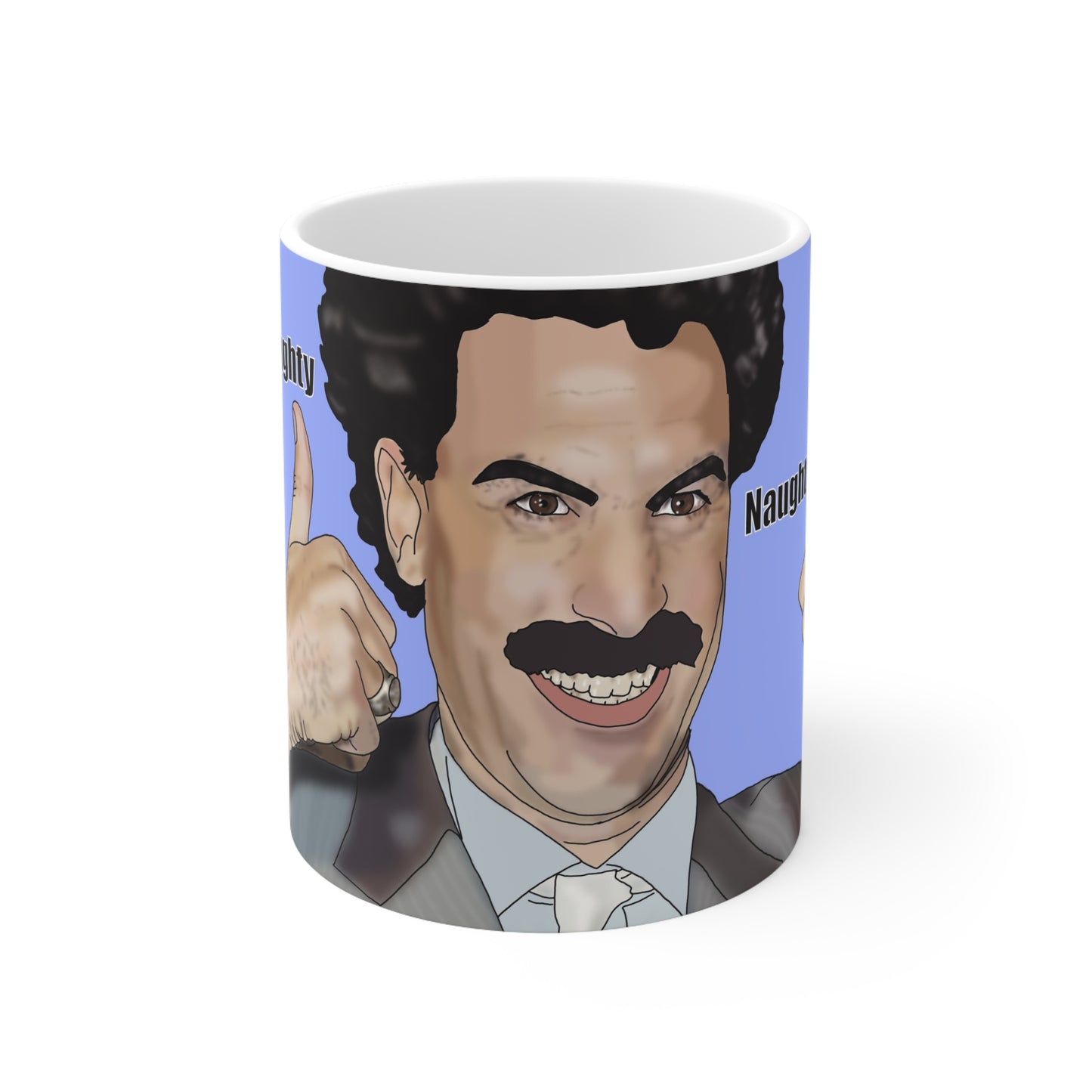 Borat Ceramic Mug — 'Naughty Naughty' Thumbs-Up Graphic Coffee Cup