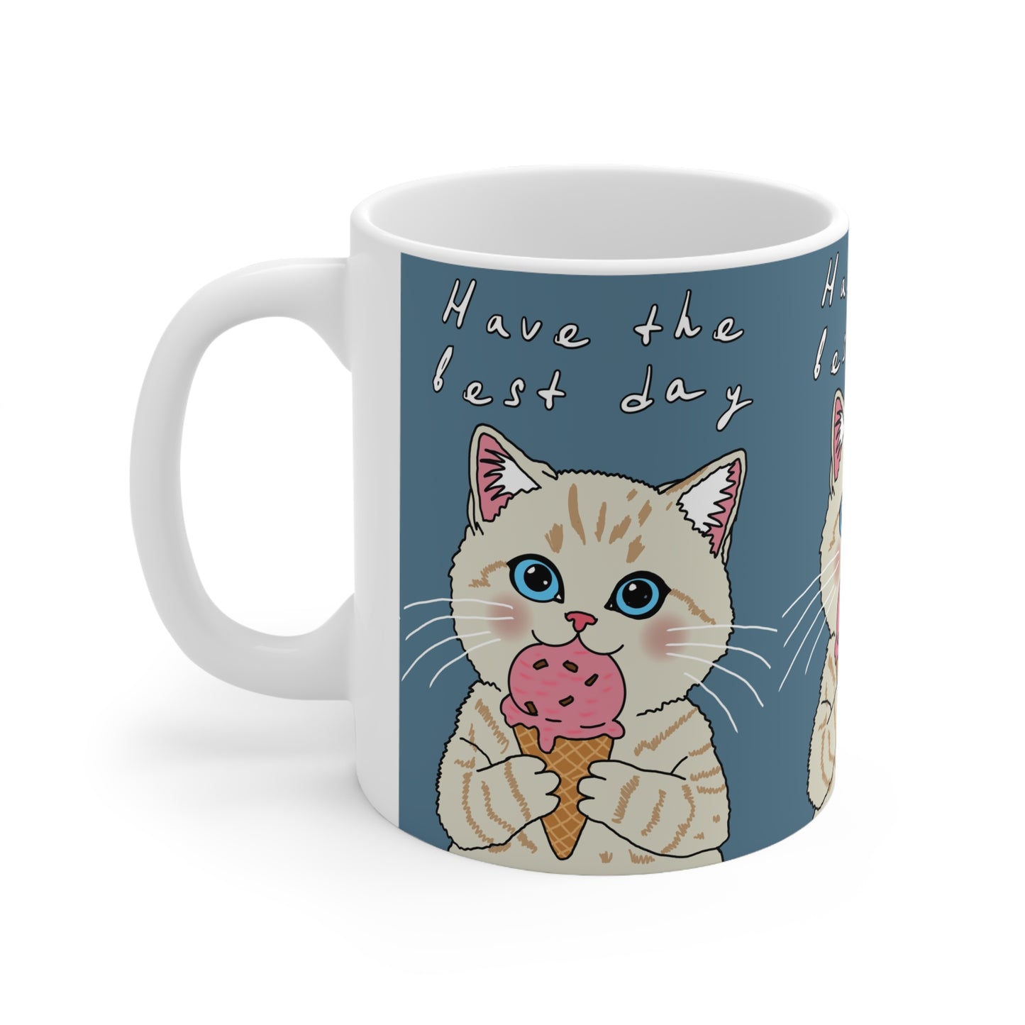 Cute Kitten Ice Cream Mug — “Have the Best Day” Ceramic Coffee Cup
