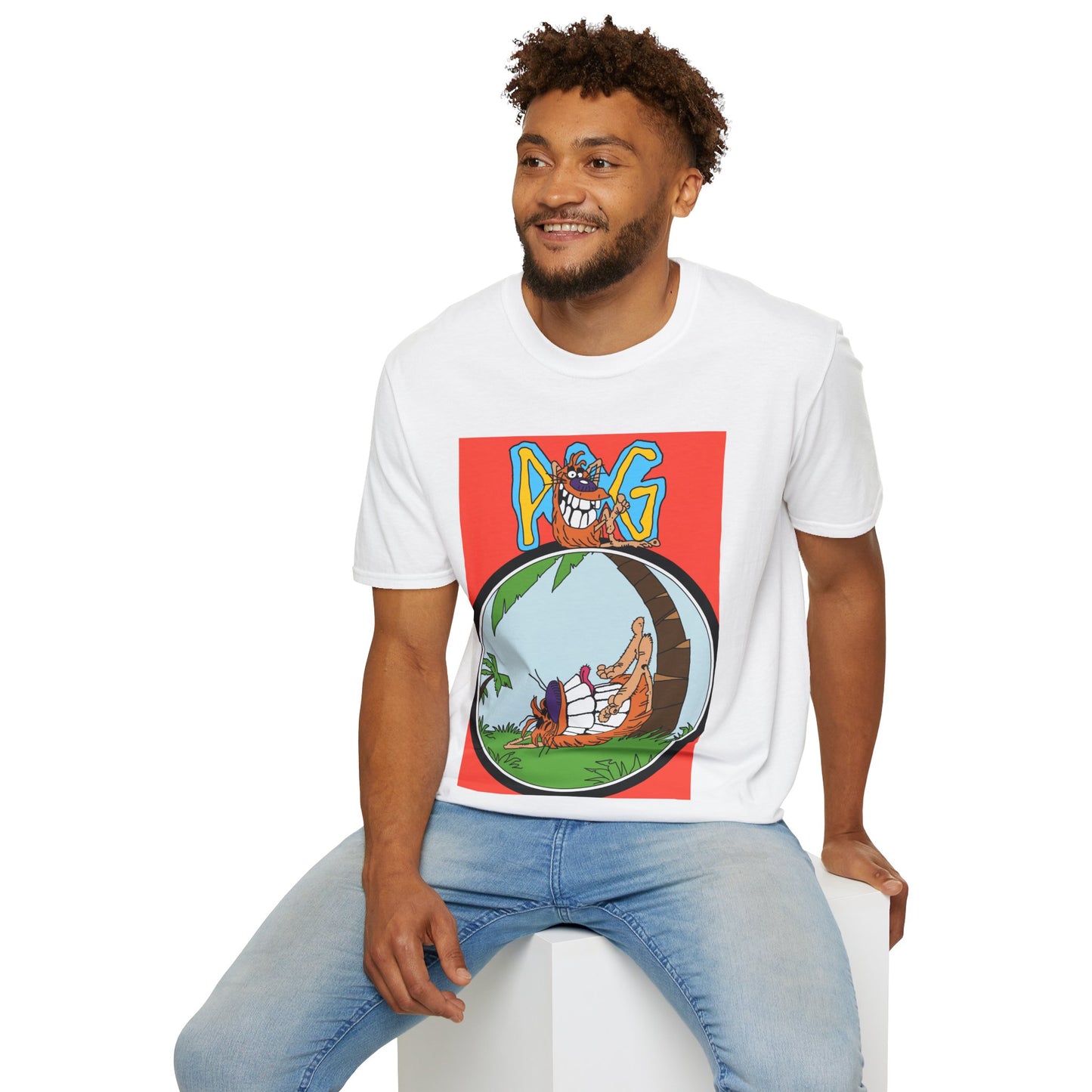 90s T-Shirt — "Pog" Graphic: Relaxing Pog in Hammock Tropical Tee