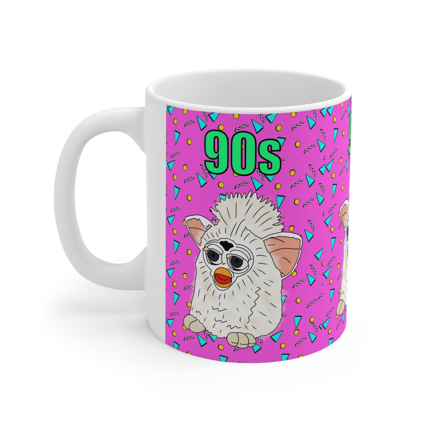 90s Retro Furby Ceramic Coffee Mug — Nostalgic Vaporwave Pattern,