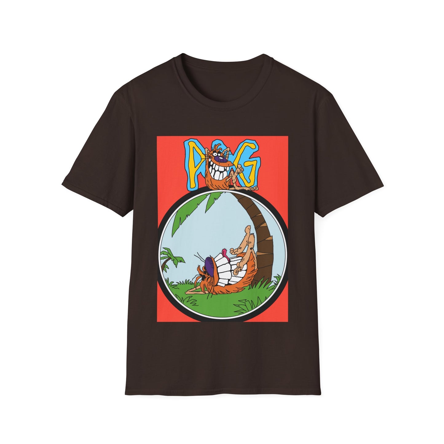 90s T-Shirt — "Pog" Graphic: Relaxing Pog in Hammock Tropical Tee