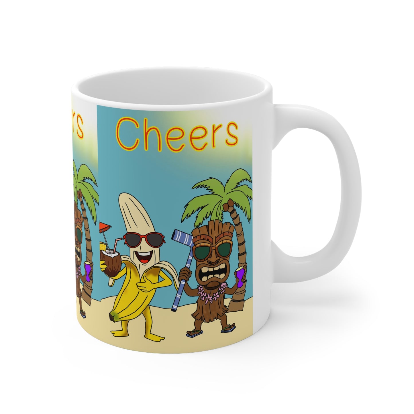 Cheers Beach Party Mug — Tropical Tiki Banana Coffee Cup (11oz & 15oz)