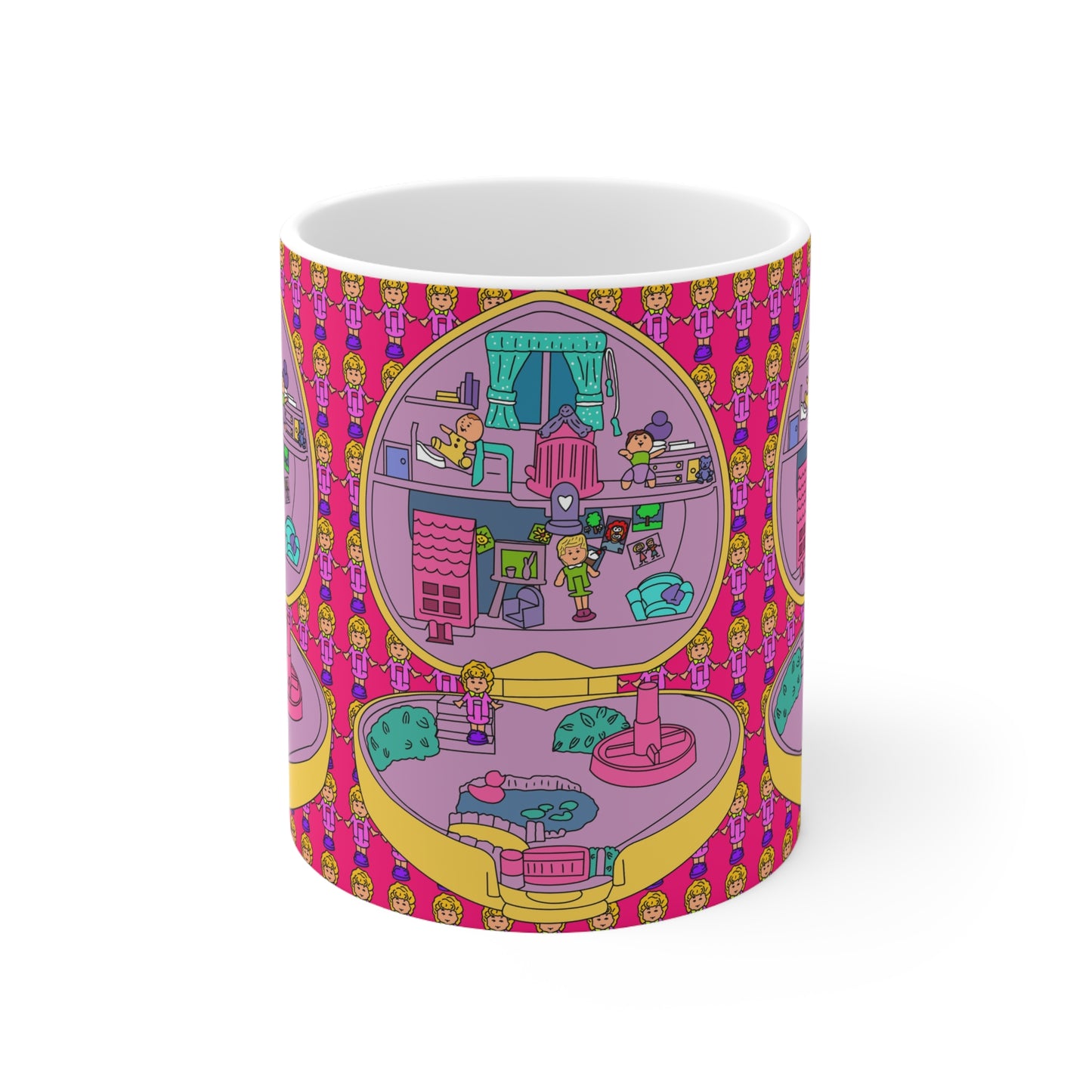 90s Polly Pocket Heart-Shaped Dollhouse Pattern Ceramic Coffee Mug — Colorful