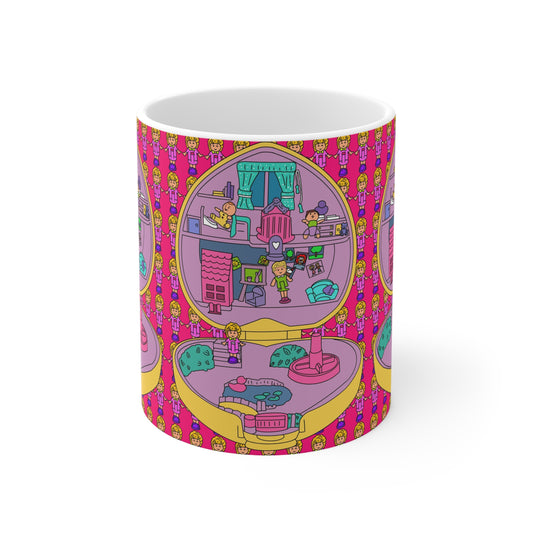 90s Polly Pocket Heart-Shaped Dollhouse Pattern Ceramic Coffee Mug — Colorful