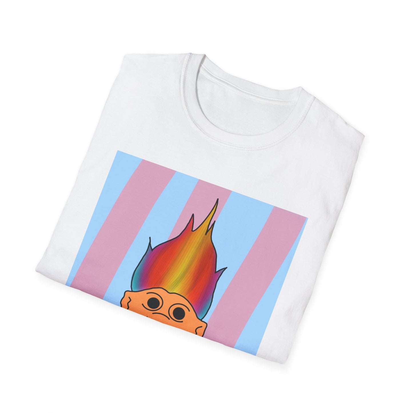 90s Retro Rainbow Troll T-Shirt — Colorful Flaming Hair Cartoon Tee
