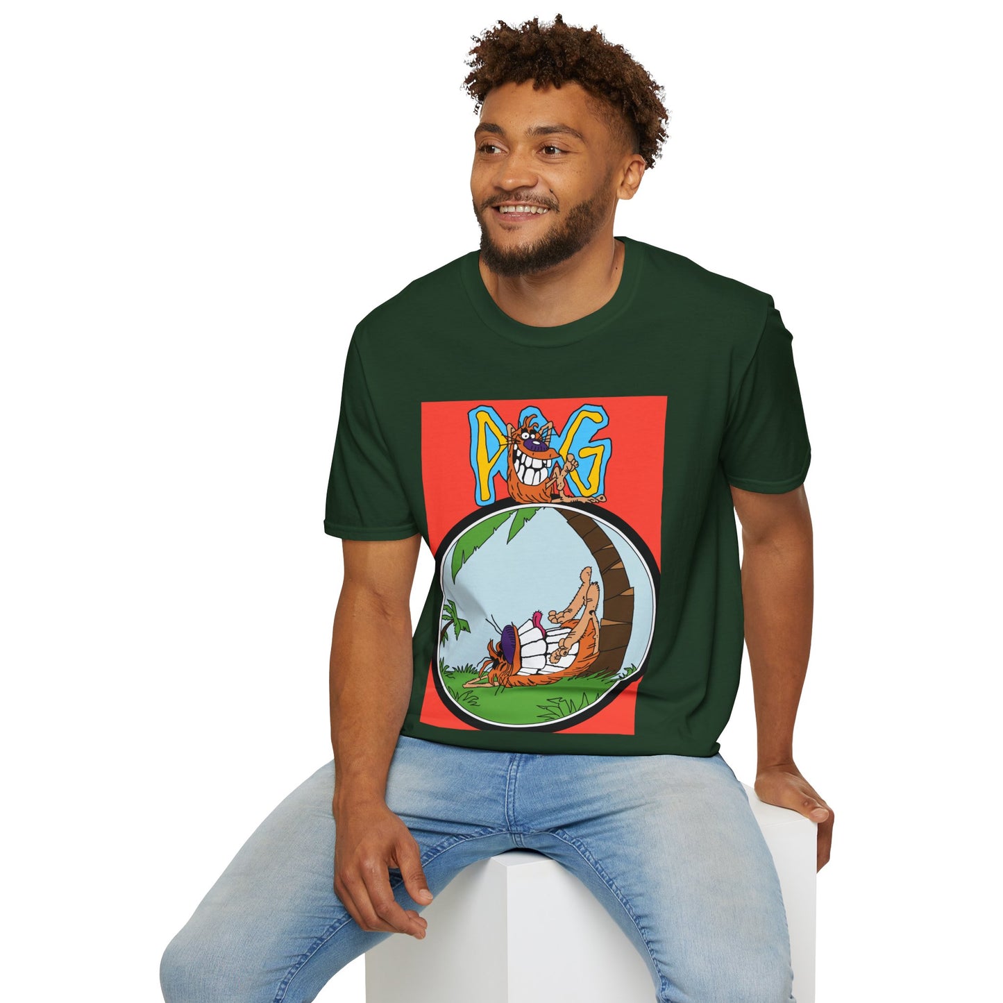 90s T-Shirt — "Pog" Graphic: Relaxing Pog in Hammock Tropical Tee