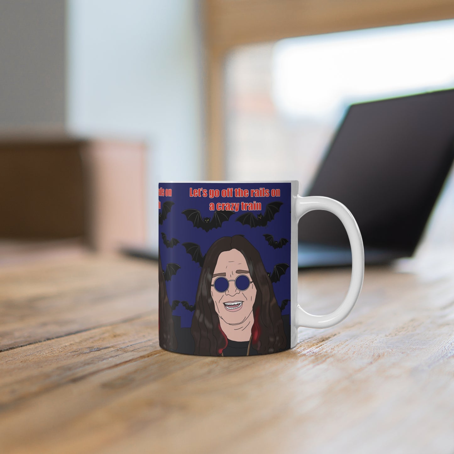Ozzy Osbourne Cartoon Mug — "Let's Go Off the Rails on a Crazy Train" Ceramic Coffee Cup