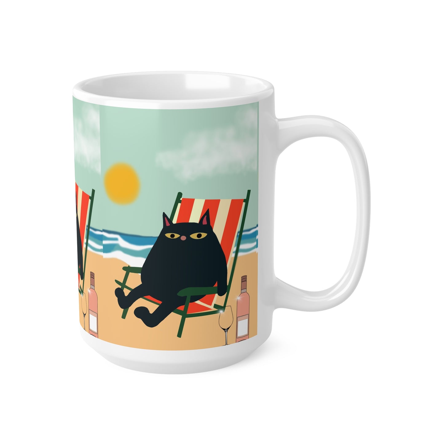 Cat Beach Mug — Black Cat Lounging on Deck Chair Coffee Cup (11oz & 15oz)