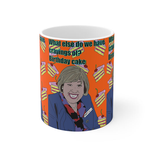 Marjorie Doors Birthday Cake Pattern Coffee Mug — Funny Retro Portrait Design