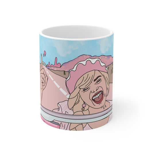 Margot Robbie Ceramic Mug — Retro Pink Road Trip Illustration