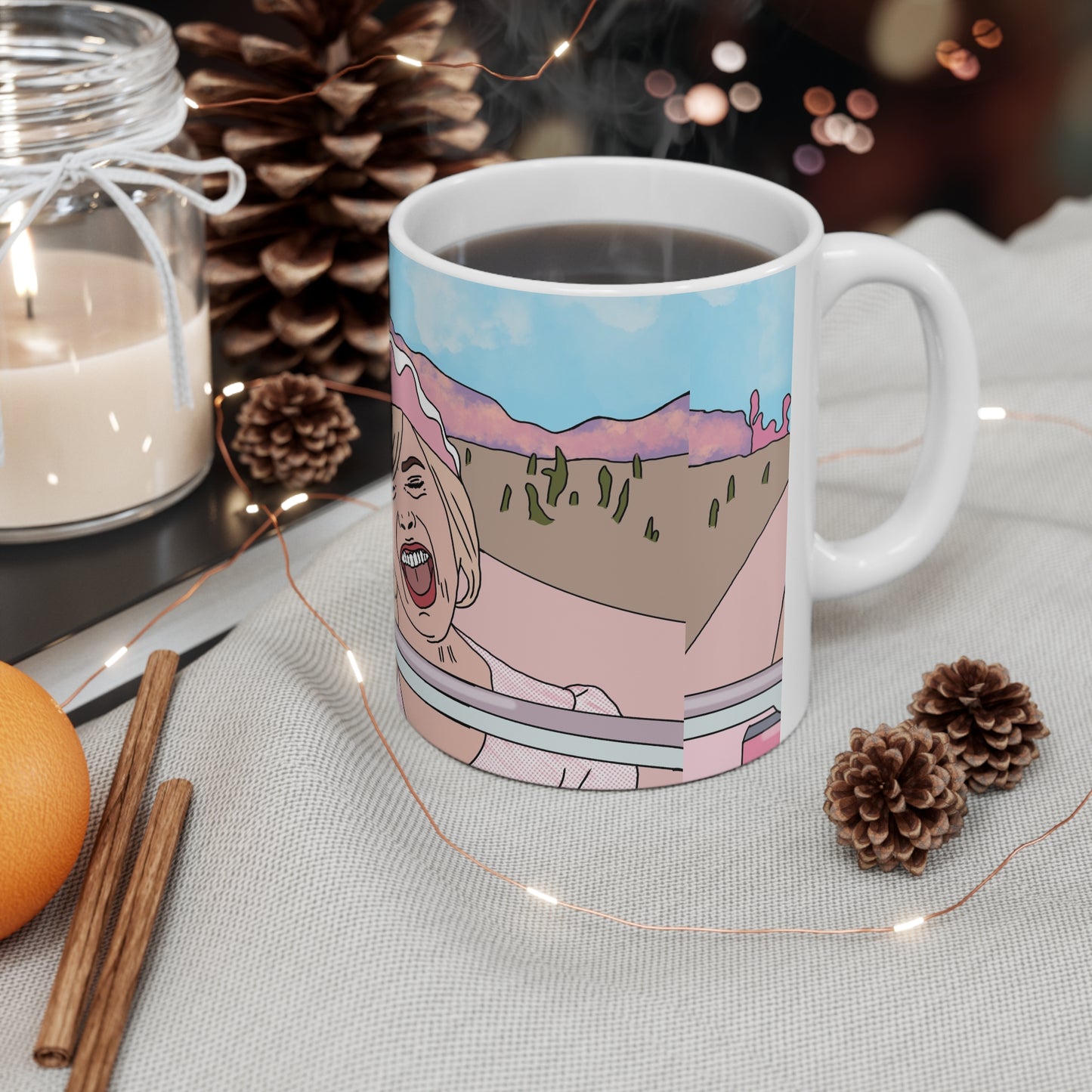 Margot Robbie Ceramic Mug — Retro Pink Road Trip Illustration