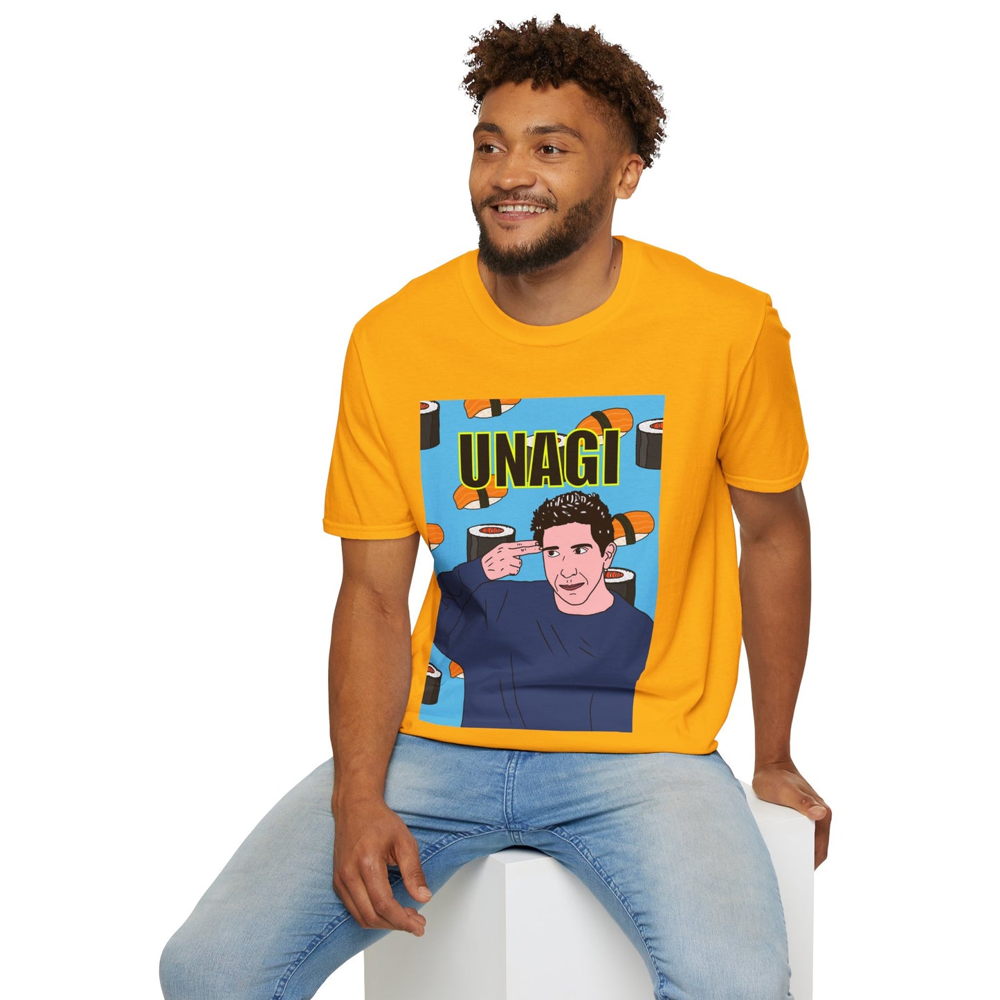 Ross Geller Friends Unagi Graphic T-Shirt — Pop Art Sushi Tee ("UNAGI")