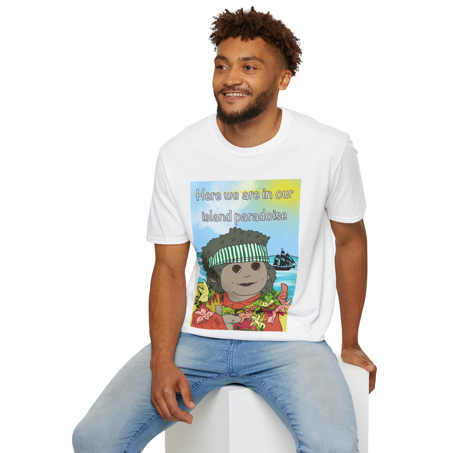 Island Paradise Graphic T-Shirt — "Here we are in our island paradise" Cute Tropical Bear Tee