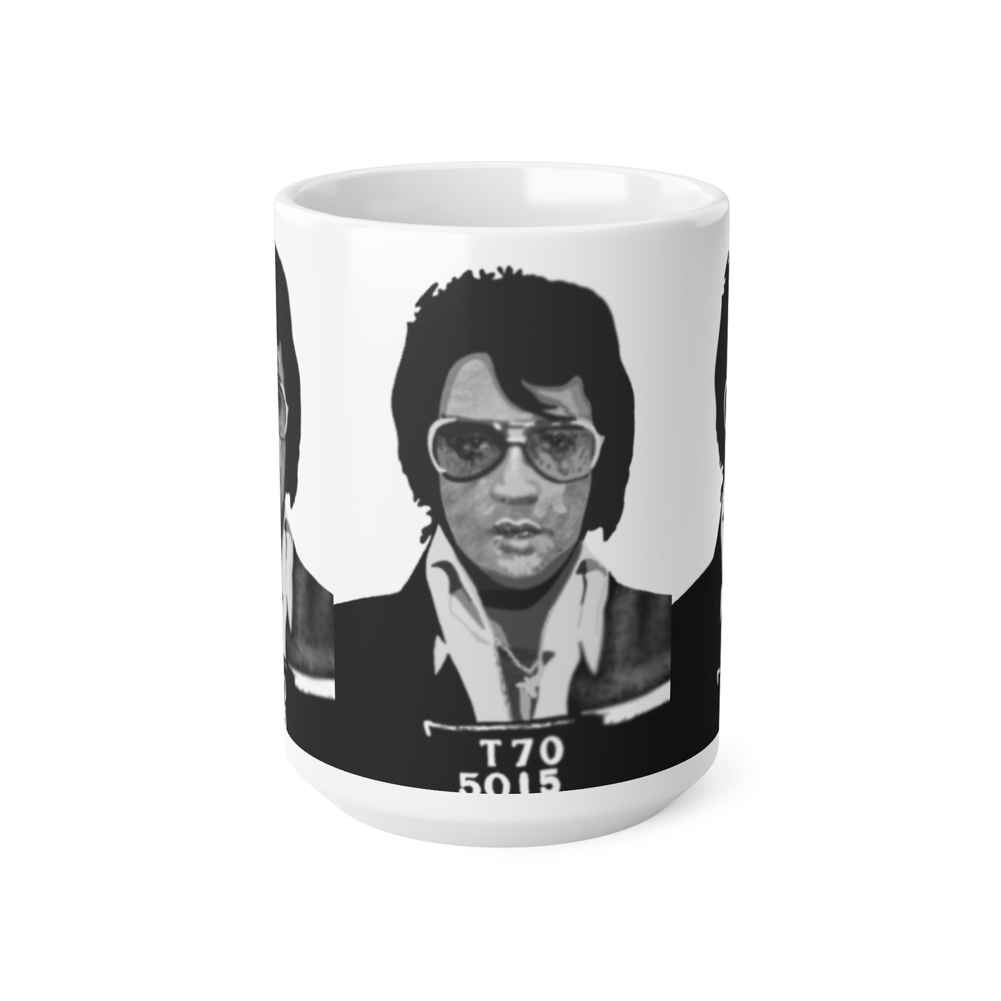 Elvis Mugshot Retro Black & White Mug — Vintage Rock Celebrity Portrait Ceramic Coffee Cup