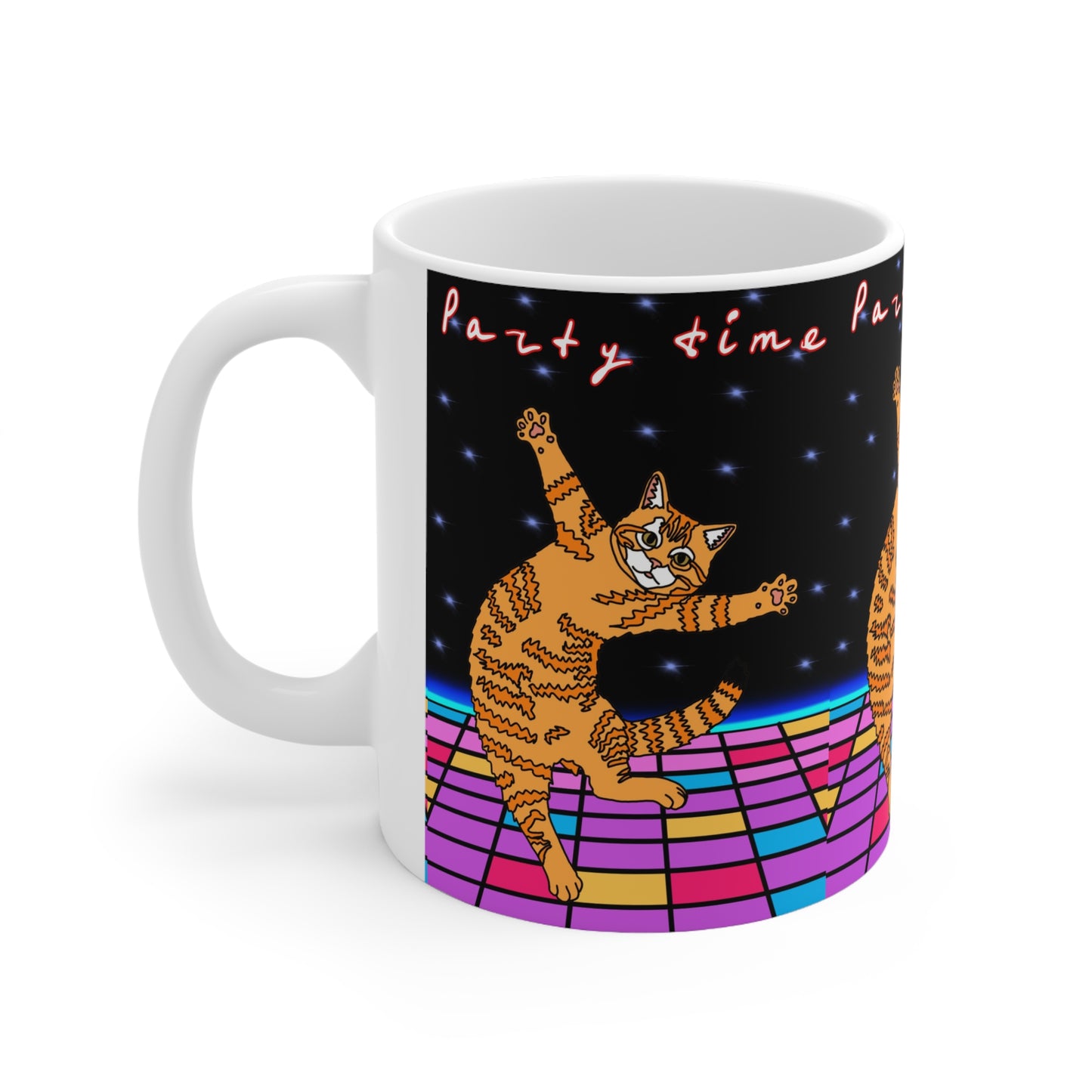 Dancing Cat Coffee Mug — Retro Disco 'Party Time' Ceramic Cup