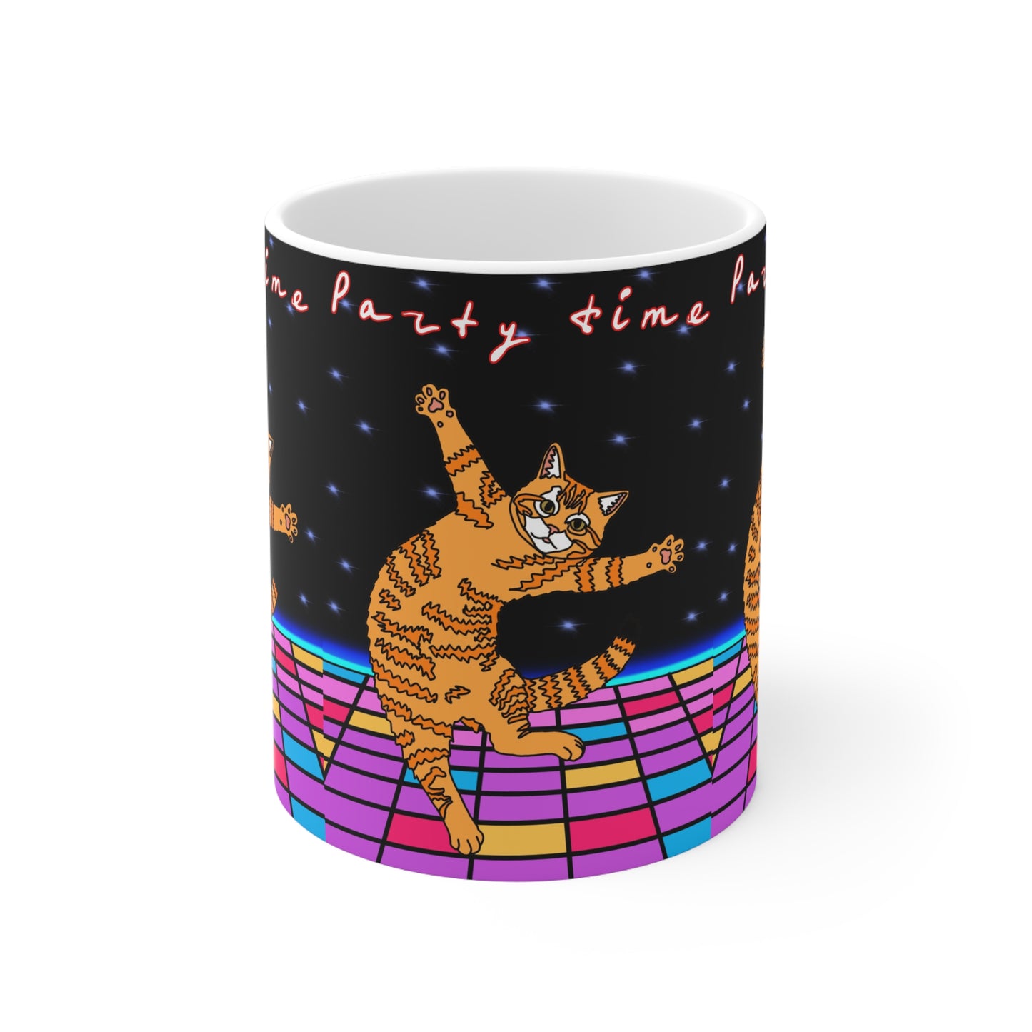 Dancing Cat Coffee Mug — Retro Disco 'Party Time' Ceramic Cup