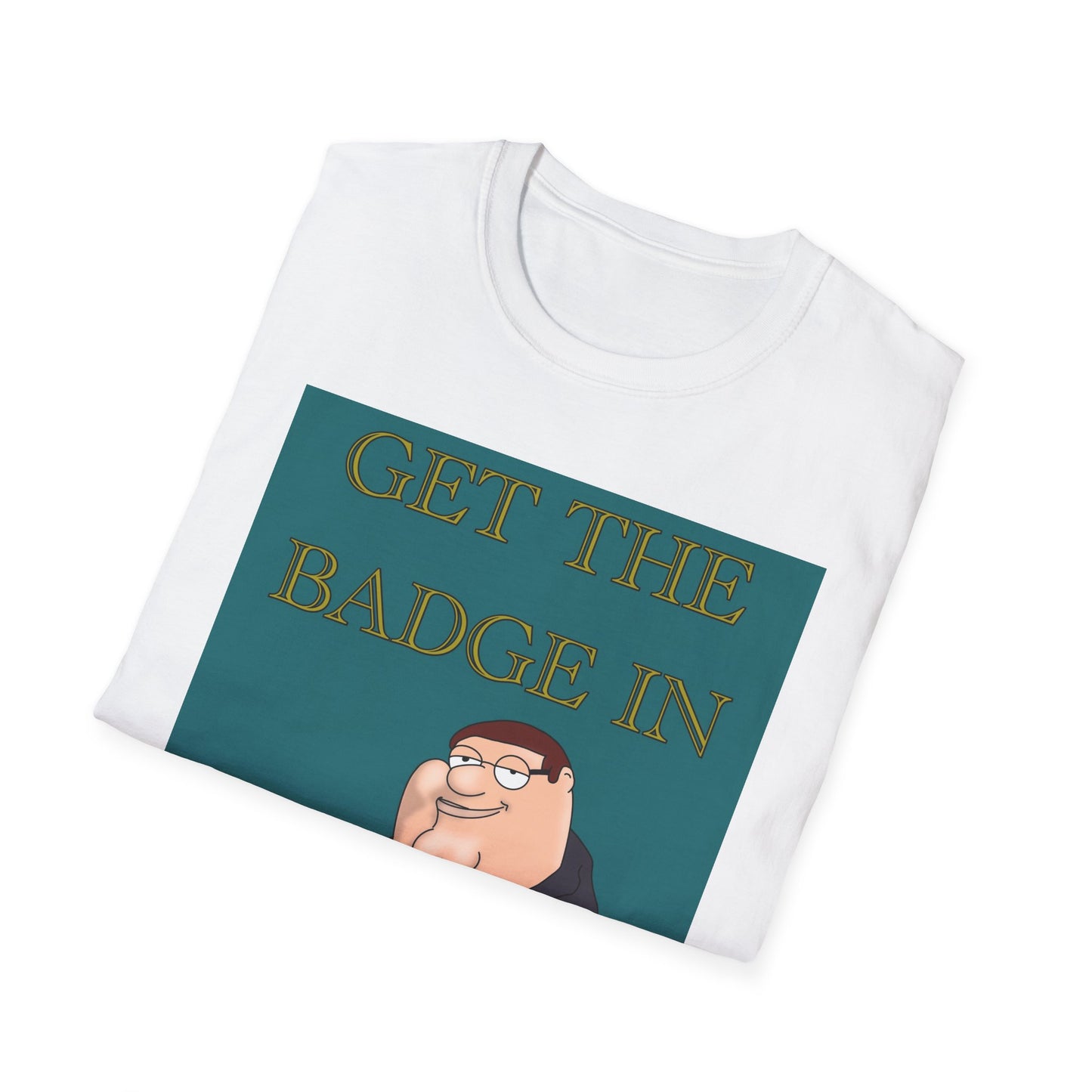 Funny Cartoon Stone Island Badge Meme T‑Shirt – “Get The Badge In” Beer Pub Tee