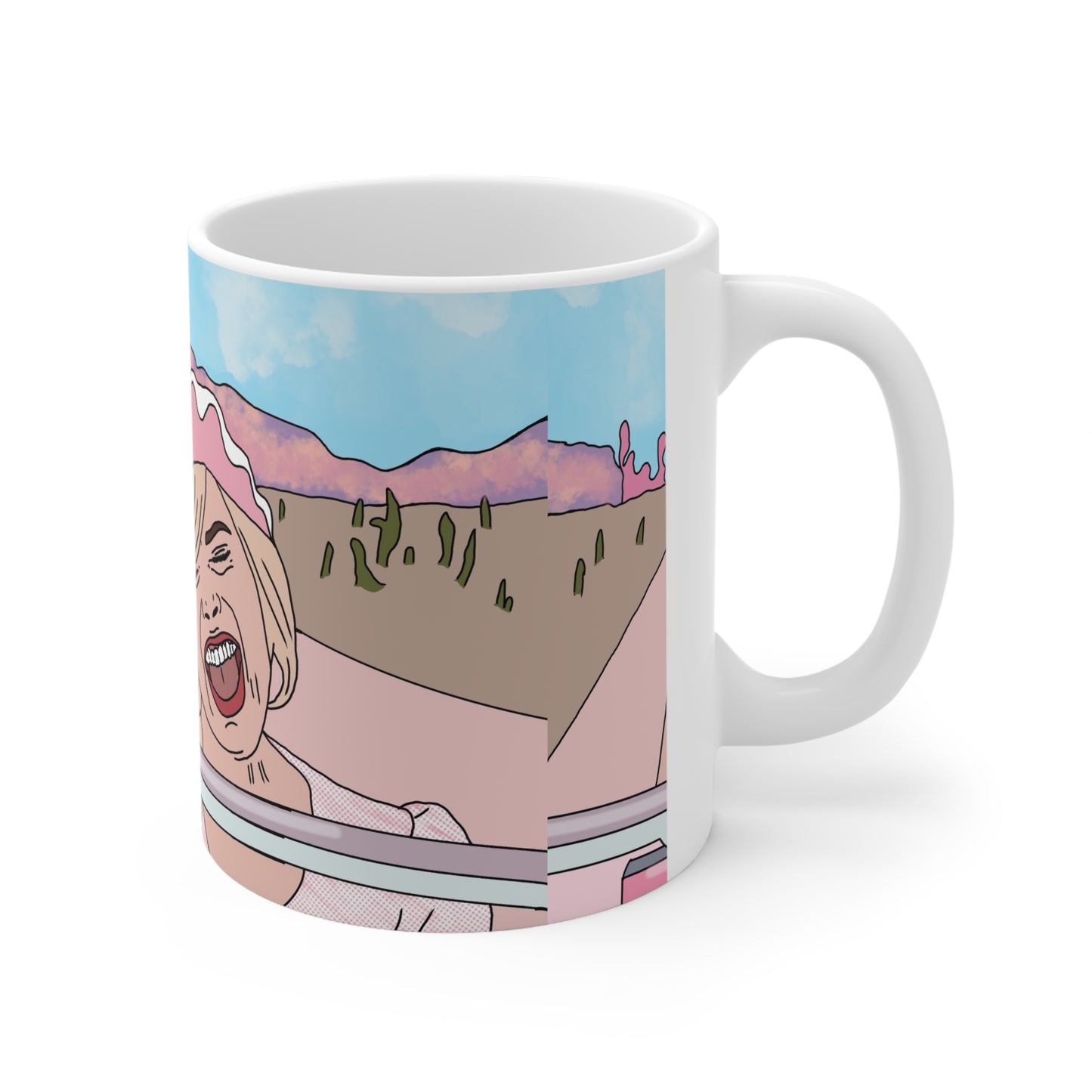 Margot Robbie Ceramic Mug — Retro Pink Road Trip Illustration