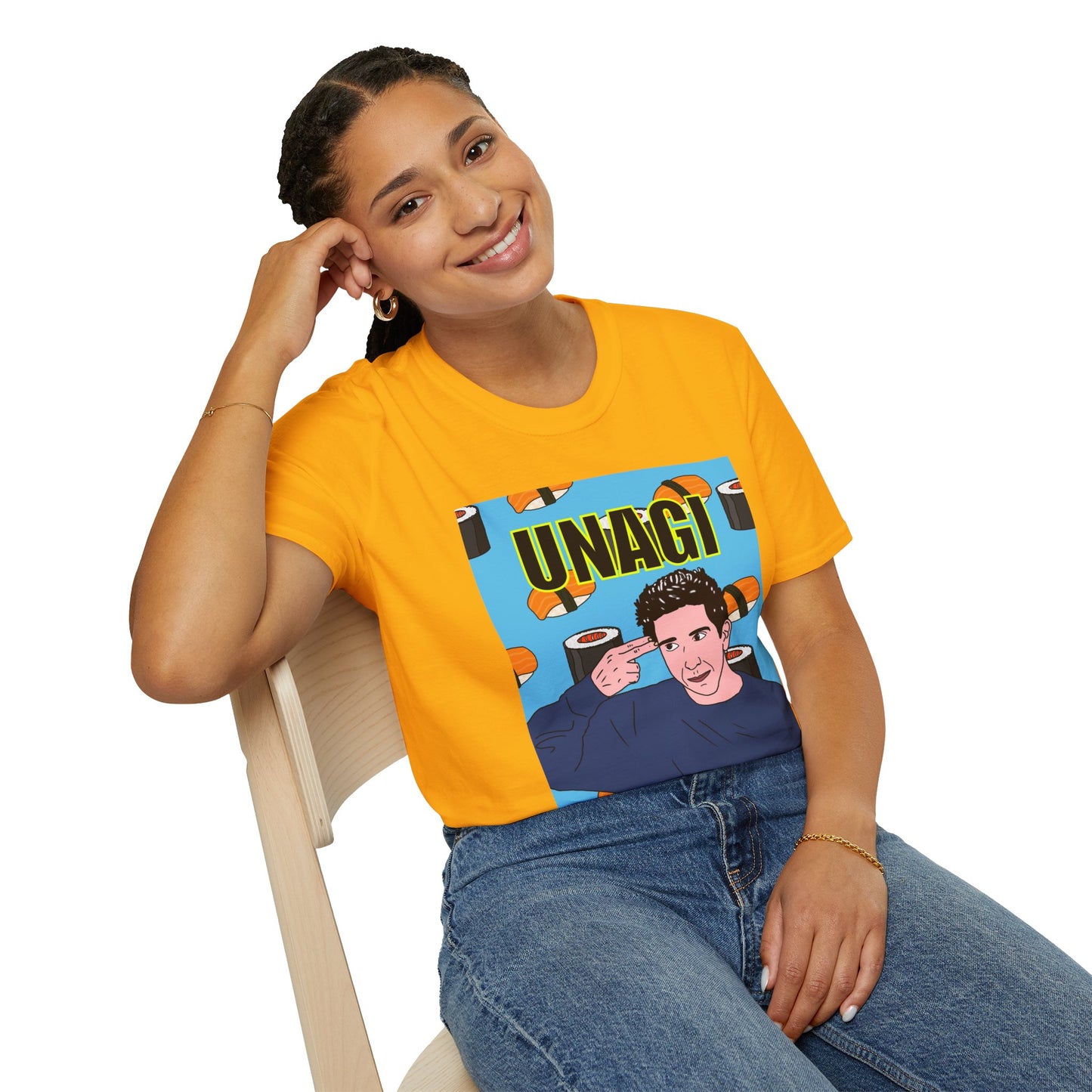 Ross Geller Friends Unagi Graphic T-Shirt — Pop Art Sushi Tee ("UNAGI")
