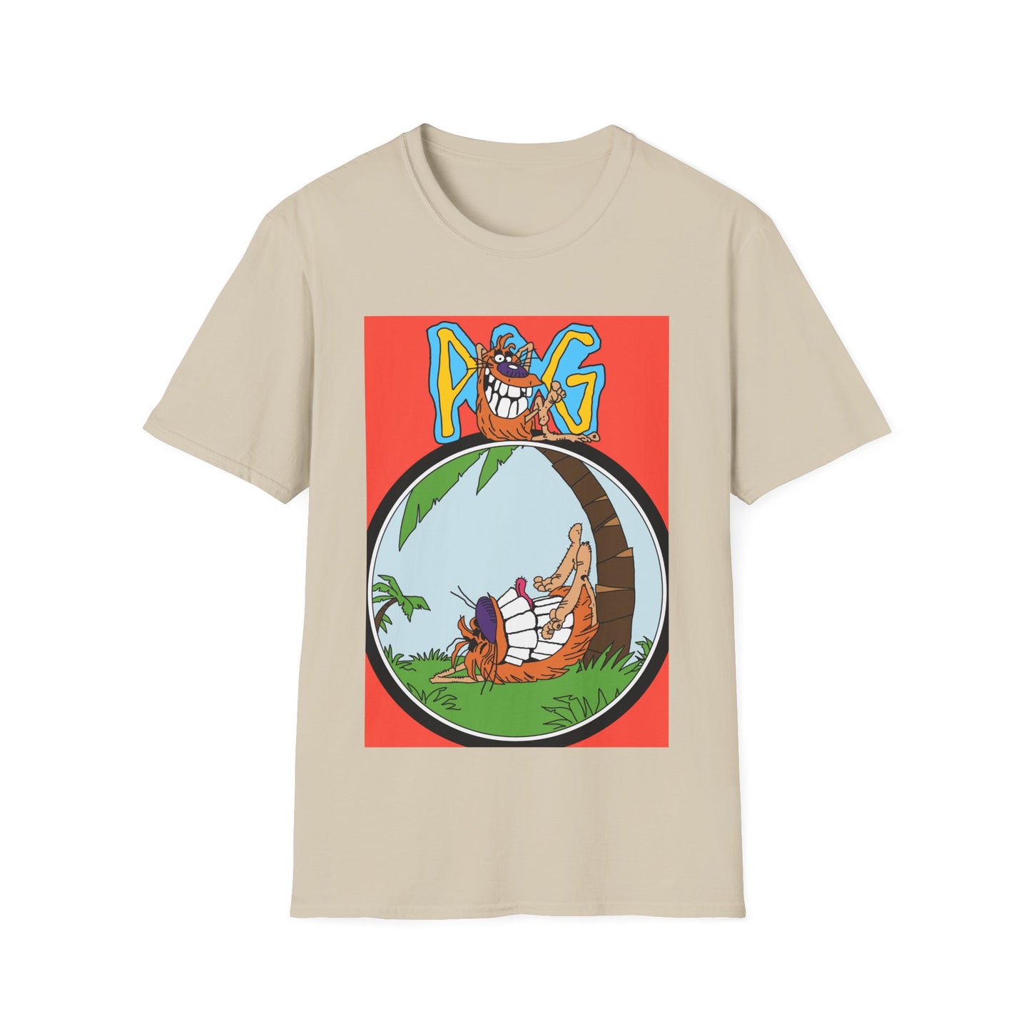 90s T-Shirt — "Pog" Graphic: Relaxing Pog in Hammock Tropical Tee