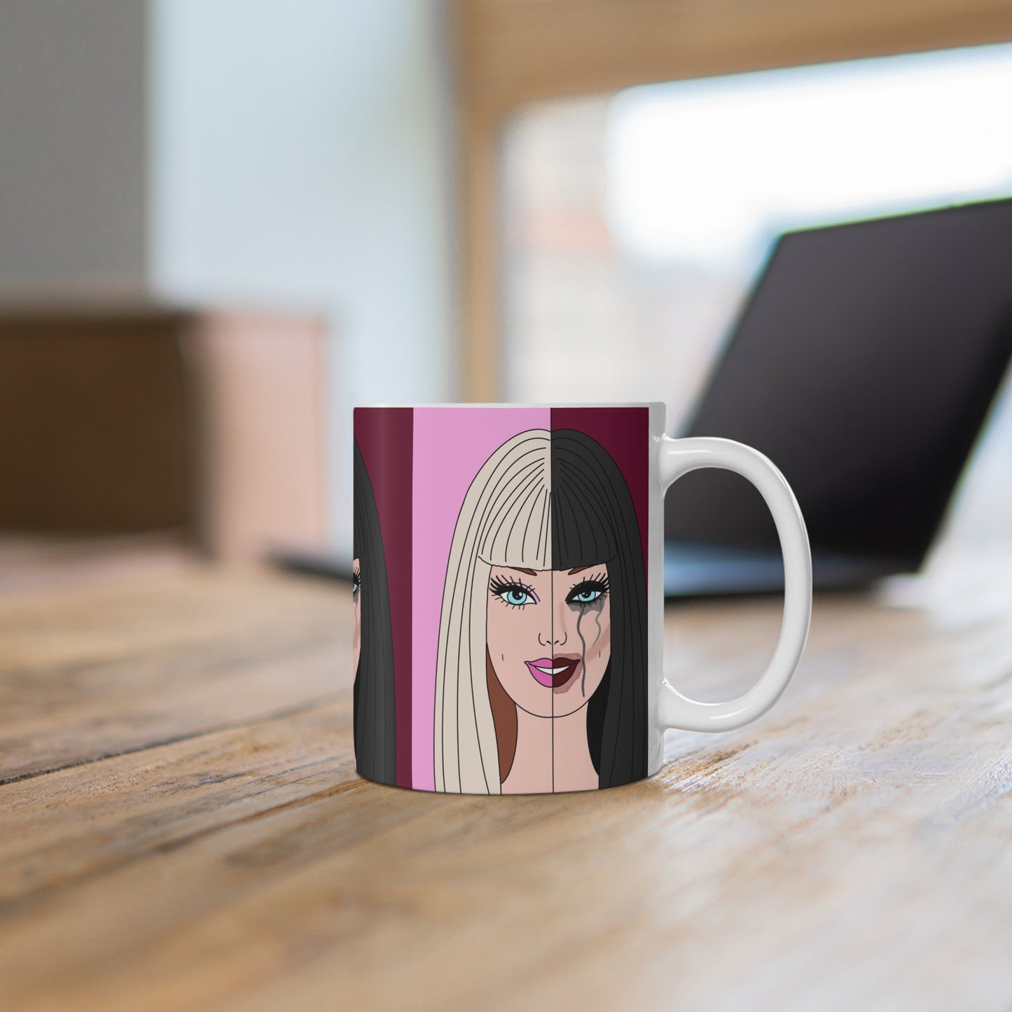Multiple Personalities Mug — Split Face Pop Art Woman Ceramic Coffee Cup