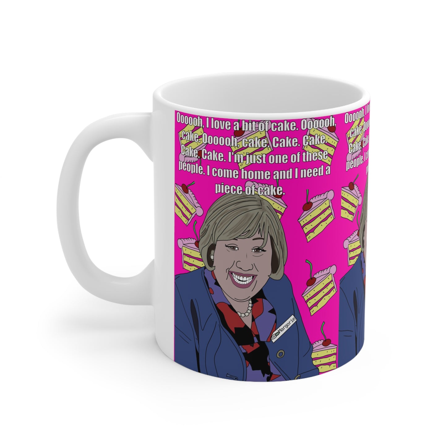 Marjorie Doors Cake Quote Mug — 'I Love a Bit of Cake' Ceramic Coffee Cup