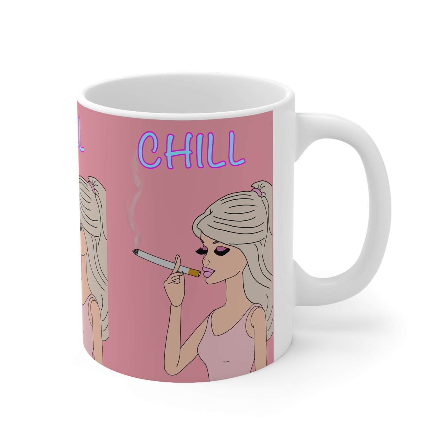 Chill Girl Ceramic Coffee Mug — Retro Pink Smoking Illustration
