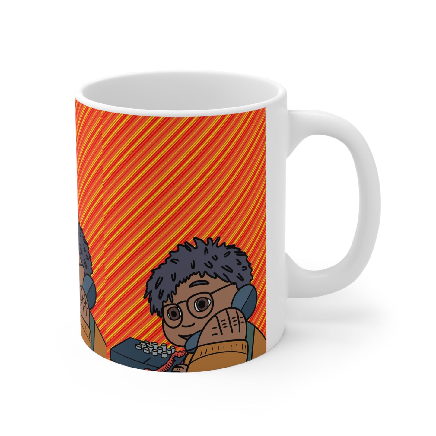 Coffee Mug — Cute Retro Tom on the phone Orange Striped Background, 11oz & 15oz