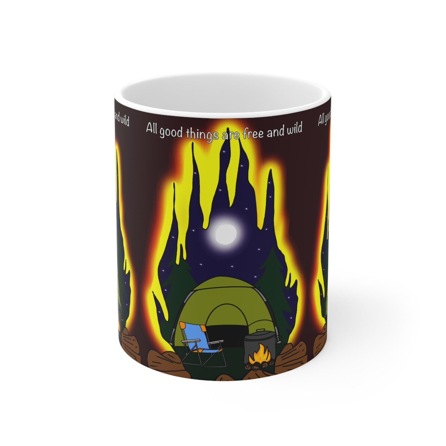 Camping Coffee Mug — 'All Good Things Are Wild and Free' Scenic Tent & Campfire Ceramic Mug (11oz, 15oz)