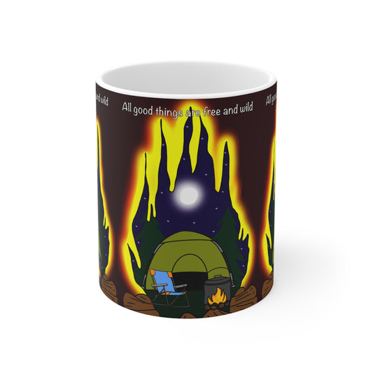 Camping Coffee Mug — 'All Good Things Are Wild and Free' Scenic Tent & Campfire Ceramic Mug (11oz, 15oz)