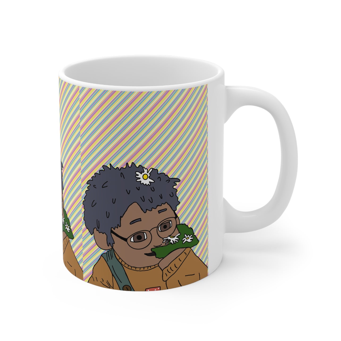 Tom Sniffing Flowers Floral Cozy Sip Mug — Cute Character Coffee Cup, 11oz & 15oz