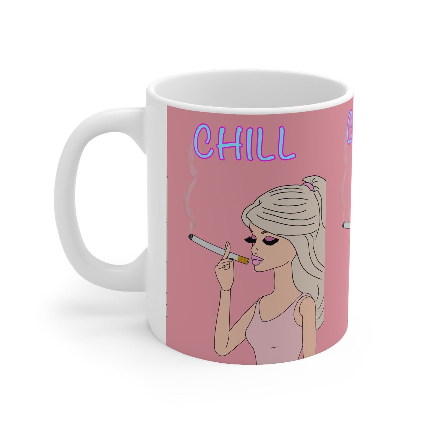 Chill Girl Ceramic Coffee Mug — Retro Pink Smoking Illustration