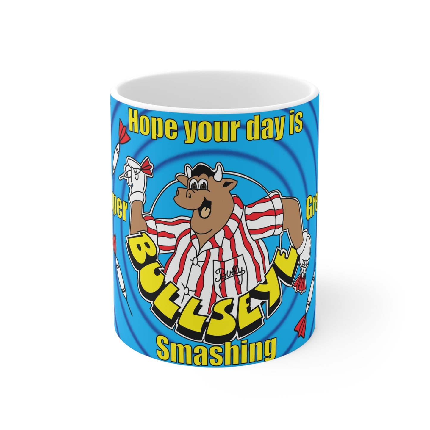 Bullseye Darts Coffee Mug — 'Smashing Bullseye' Retro Cartoon 11oz/15oz Ceramic Mug