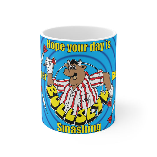 Bullseye Darts Coffee Mug — 'Smashing Bullseye' Retro Cartoon 11oz/15oz Ceramic Mug