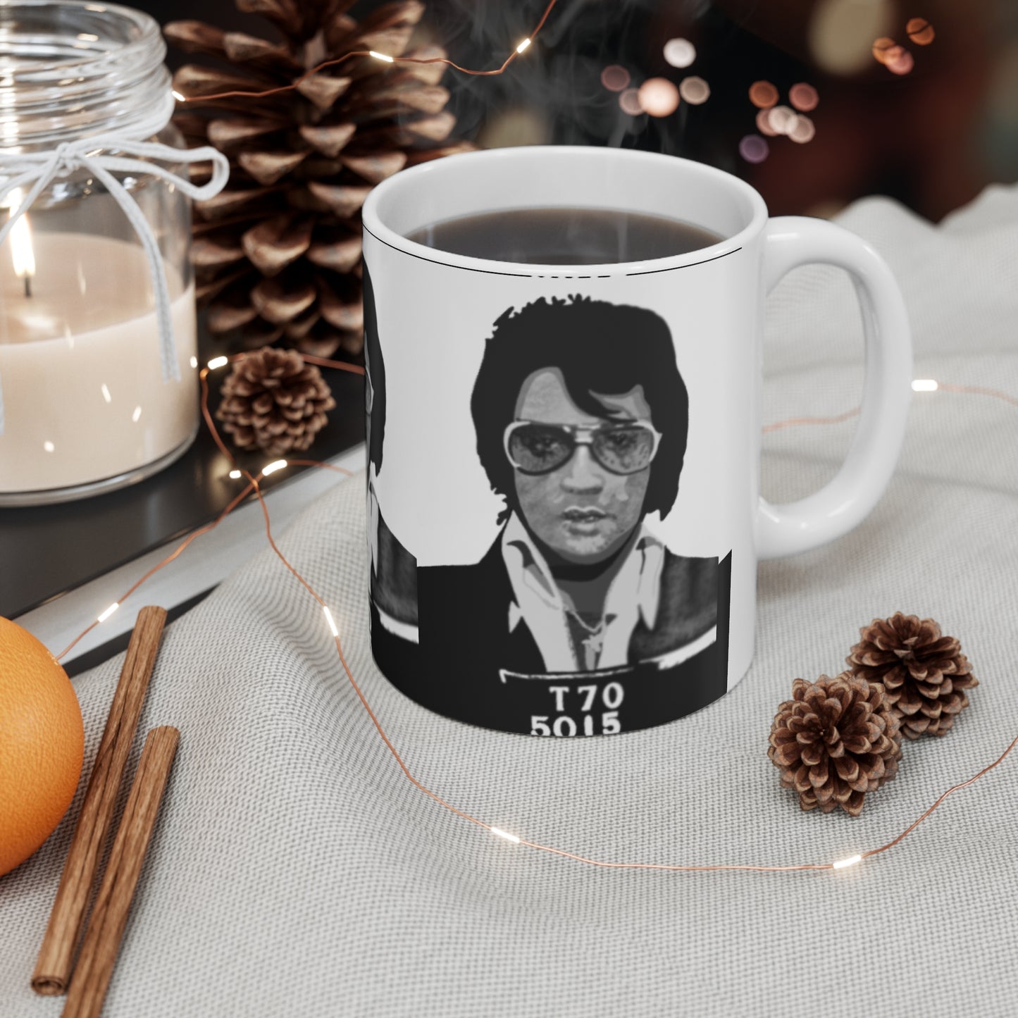 Elvis Mugshot Retro Black & White Mug — Vintage Rock Celebrity Portrait Ceramic Coffee Cup