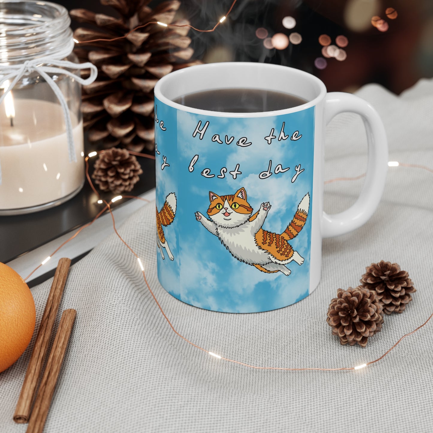 Have the Best Day Flying Cat Coffee Mug — Cute Sky Blue Ceramic Cup