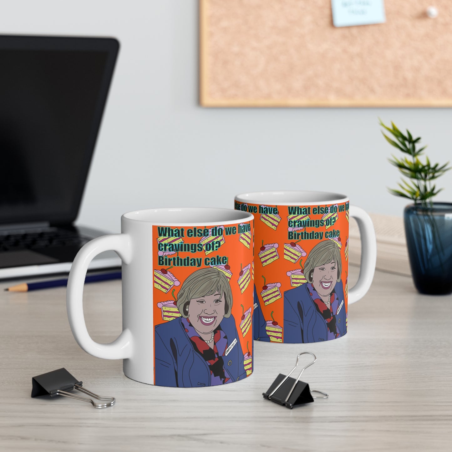 Marjorie Doors Birthday Cake Pattern Coffee Mug — Funny Retro Portrait Design