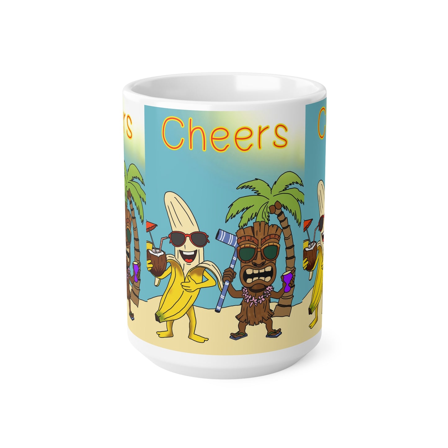 Cheers Beach Party Mug — Tropical Tiki Banana Coffee Cup (11oz & 15oz)
