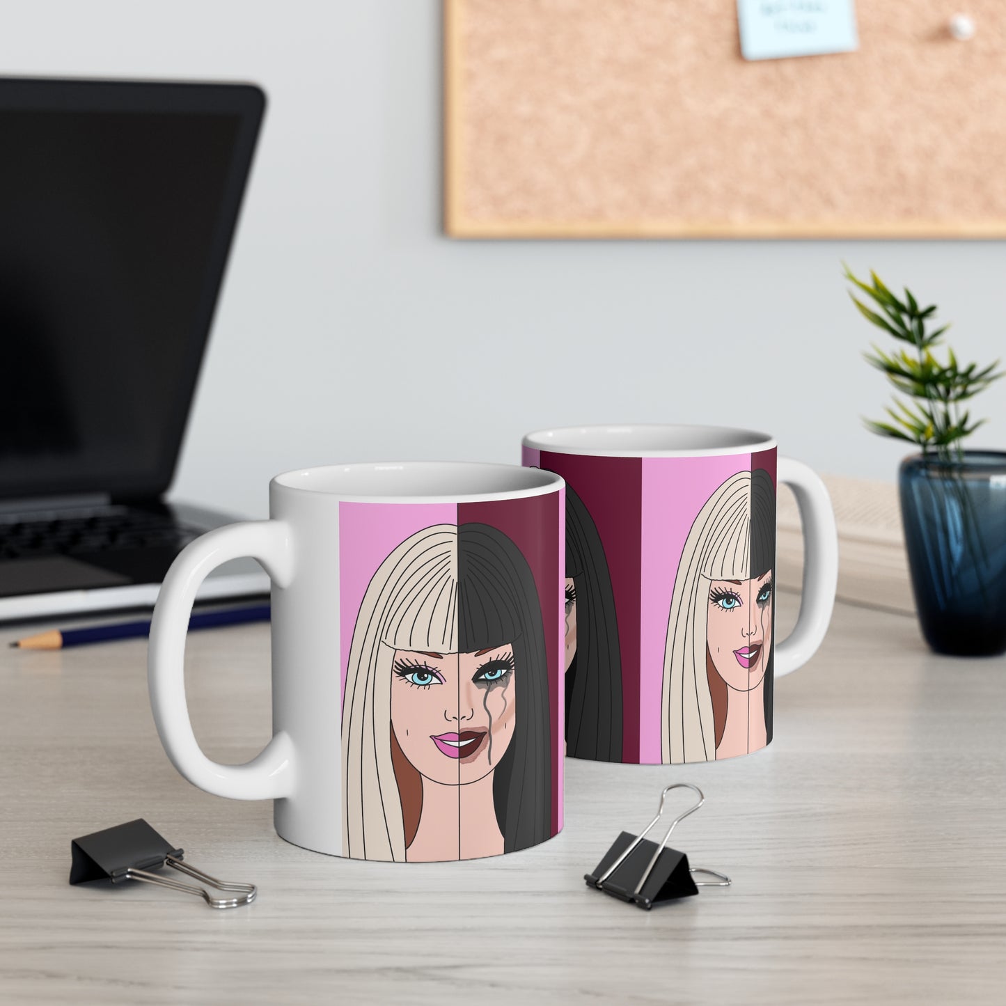 Multiple Personalities Mug — Split Face Pop Art Woman Ceramic Coffee Cup