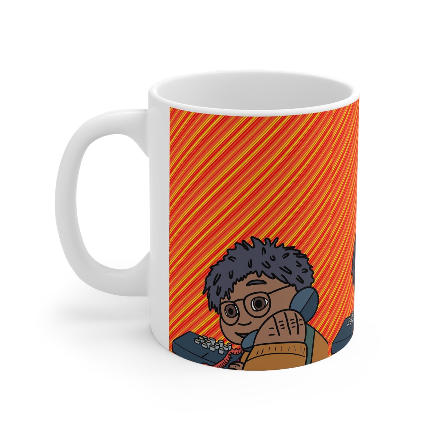 Coffee Mug — Cute Retro Tom on the phone Orange Striped Background, 11oz & 15oz