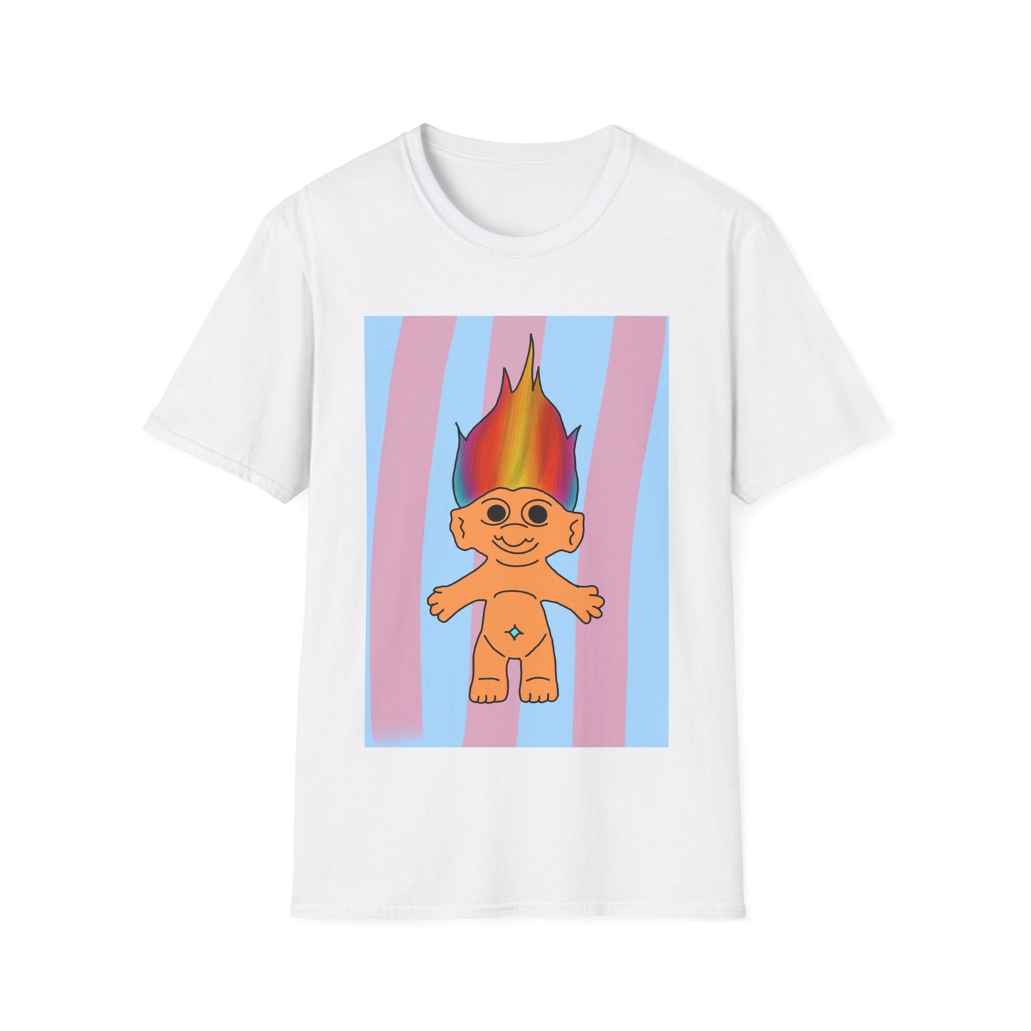 90s Retro Rainbow Troll T-Shirt — Colorful Flaming Hair Cartoon Tee